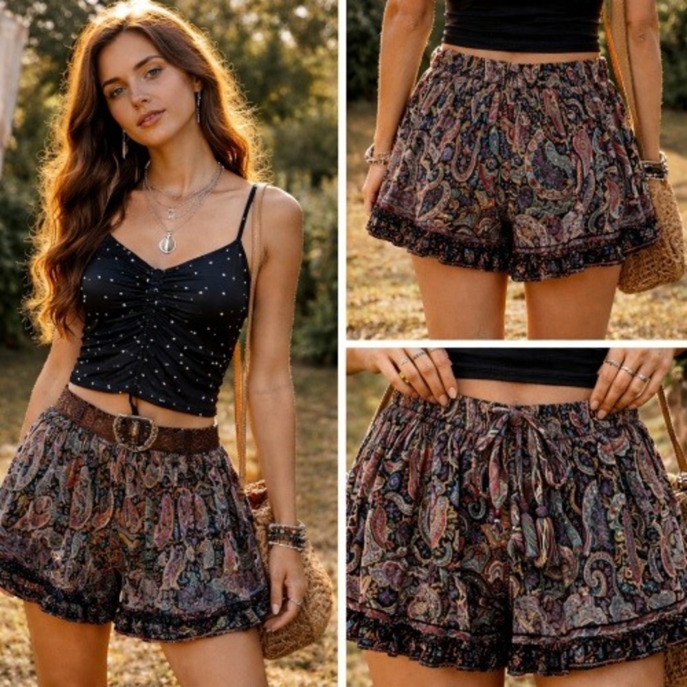 Womens Y2k Flirty Boho Festival Hippie Indie Paisley Ruffle Shorts Free Size